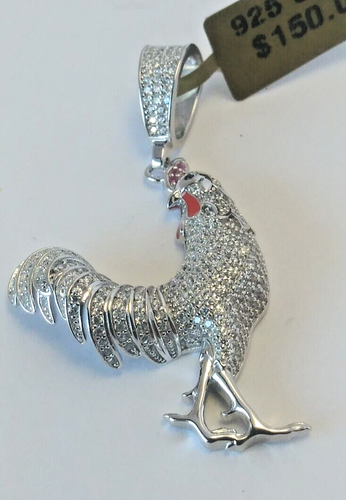 925 Sterling Silver Pendant LARGE Iced ROOSTER CHICKEN cubic zirconia CZ 48X26MM - Picture 6 of 9