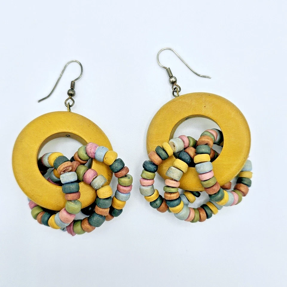 Bohemian Wood Circle Earrings Chunky Round Statement Dangle Mustard Tropical - Image 2 of 4