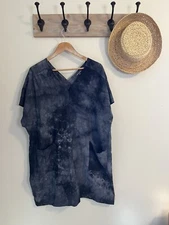 Grade Gather Tunic Dress Front Back N Neck Black Gray Tie Dye S Boho Linen Blend
