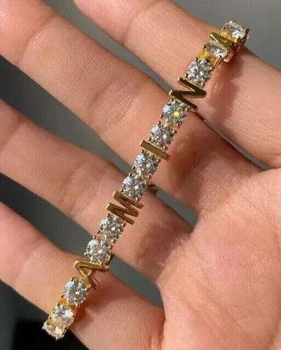 Customized Name Bracelet 6Ct Round Simulated Diamond In 14K Yellow Gold Plated - Picture 3 of 6