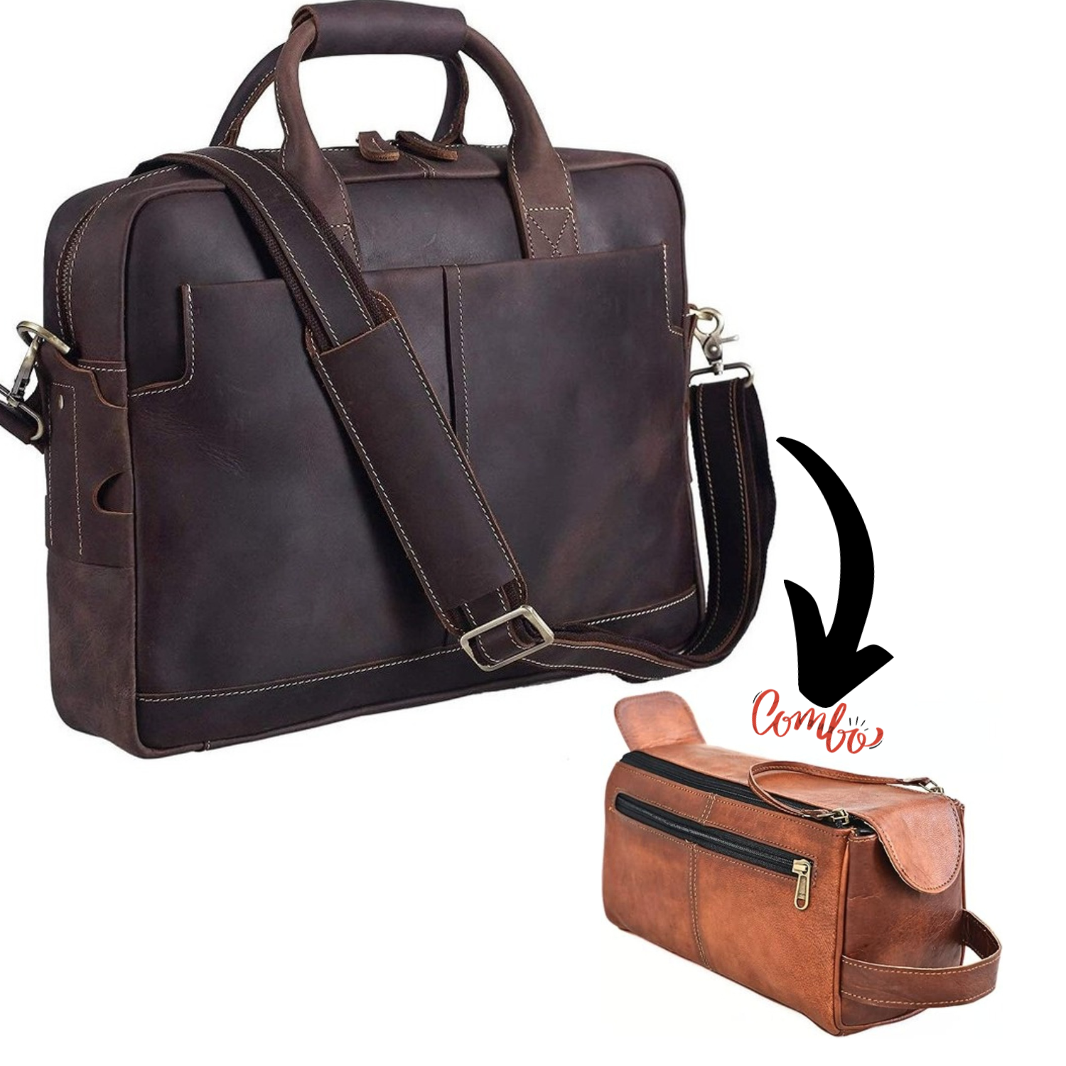Men's Full Grain Leather Laptop Messenger Bag & Briefcase + Free Toiletry Pouch