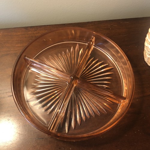 Vtg Pink Depression Glass Divided 4 Section Round Serving Dish Candy Relish 8" - Picture 2 of 5