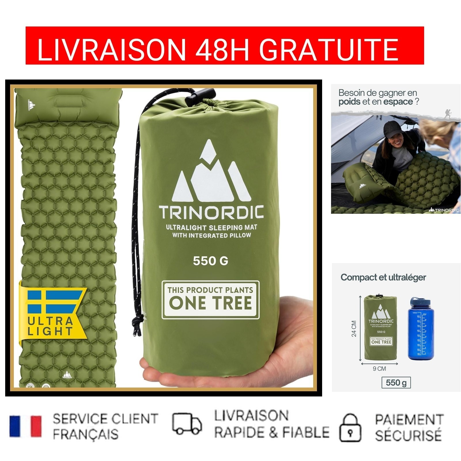 Matelas gonflable bivouac de 5cm, lit de camp léger avec oreiller pour randonnée en montagne