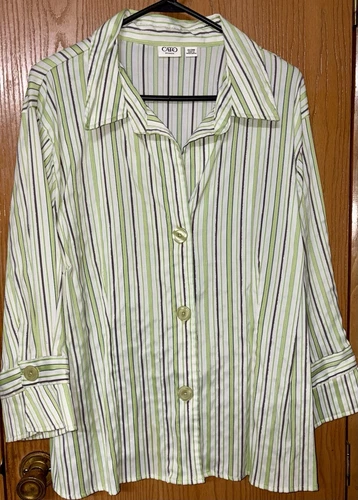Women’s Plus Size 22/24W Green Pin Striped Button Up Blouse Beautiful