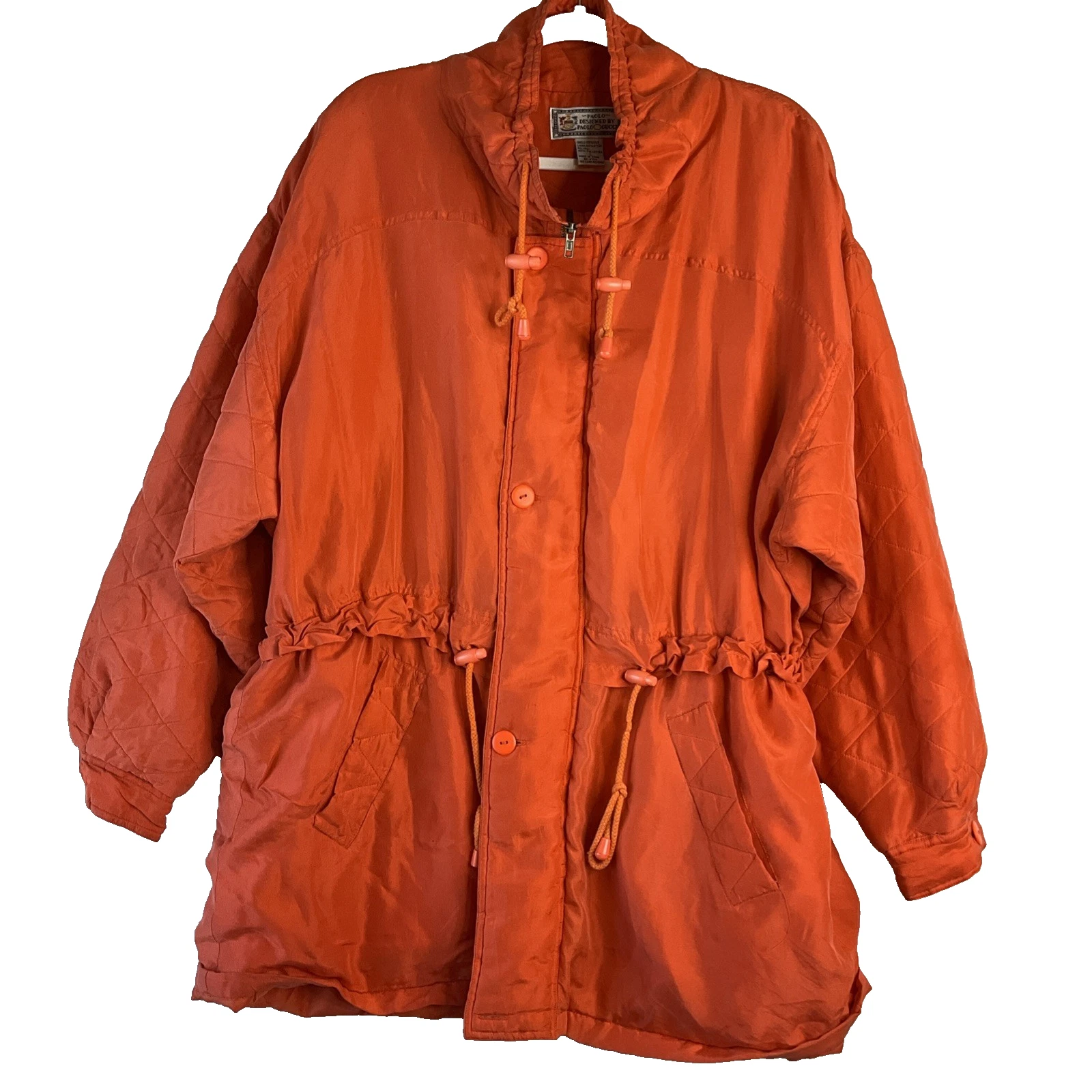 Vintage Paolo Gucci Orange Silk Puffer Jacket Oversized 80s Luxury Designer L