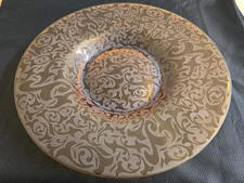 Vtg. Michael Weems Elise pattern large etched glass, amber shallow bowl.