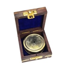 Antique Brass Poem Compass with Wooden Box Nautical Vintage Collectible & Gift