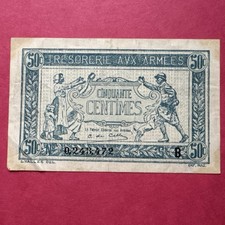 French  “TRESORERIE AUX ARMEES”  World War 1 Emergency Bank Note   50 Centimes