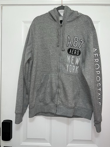 Sudadera con Capucha Aeropostale Cremallera Completa Para Hombre Grande Gris Chenilla Letras Bolsillos - Imagen 1 de 5