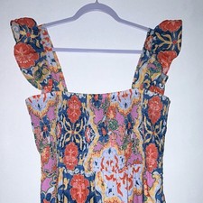 Vince Camuto dress L midi floral Multicolor Smocked Ruffle Strap 8 10 maxi boho