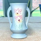 Hull Pottery Blue Double Handle Pink Yellow Orchid Vase #308 4.75" 1938 Vintage