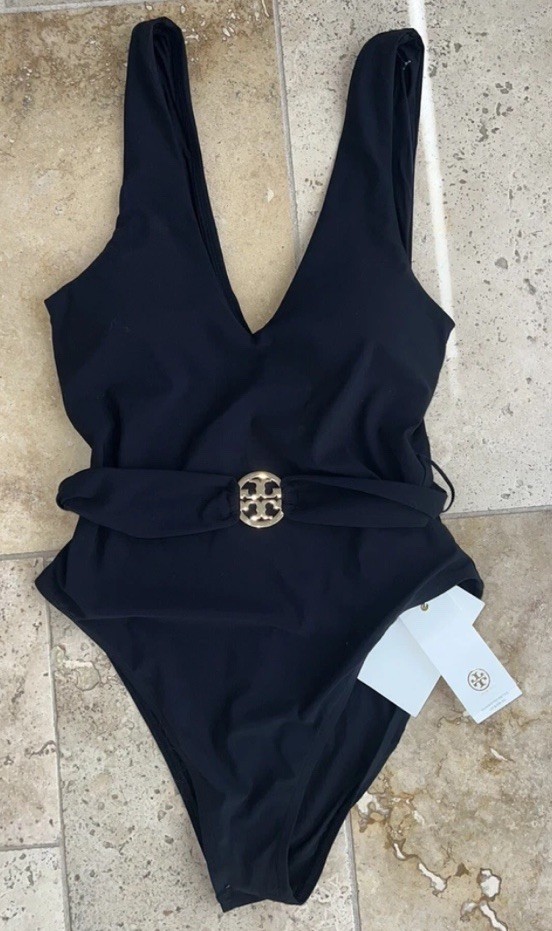 Tory Burch Miller Black Plunge One Piece Swimsuit XS New NWT