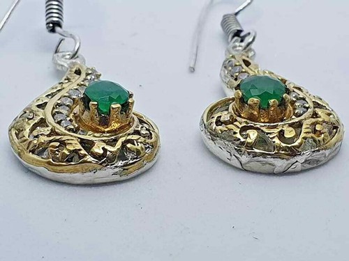 Gold & Silver Plated Drop Dangle Earrings Raw Emerald & Diamante Crystals New - Picture 3 of 3