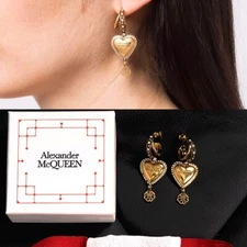 NEW $650 ALEXANDER MCQUEEN Gold Brass Crystal LOGO HEART HOOP SKULL EARRINGS