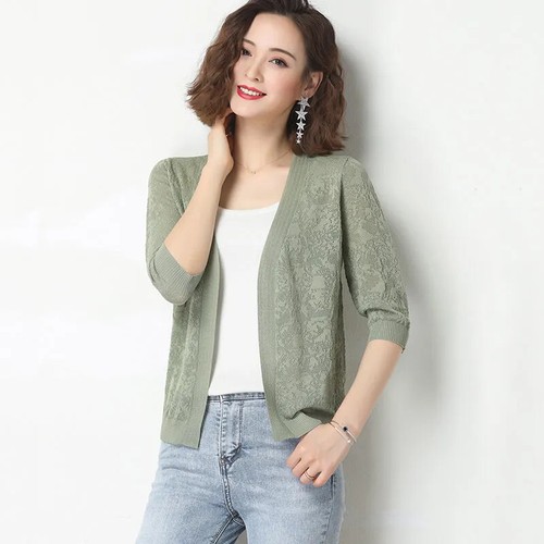 Women Faux Silk Knitted Cardigan Cutout Thin Short Sweater Shawl 3/4 Sleeve - Picture 15 of 15