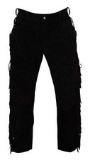 New Men Native American Black Suede Leather Pant with Fringes adjustable back