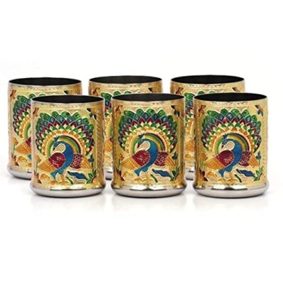 Meenakari Design Stainless Steel Glass Set for Home/Kitchen, Set of 6, 250ml