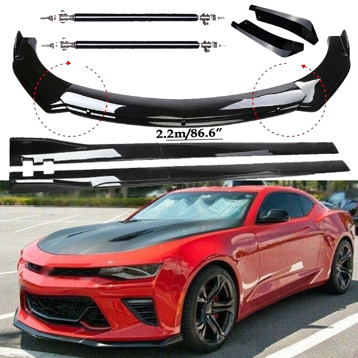 For Chevy Camaro  Front Bumper Lip Spoiler Kit +86.6" Car Side Skirt Glossy