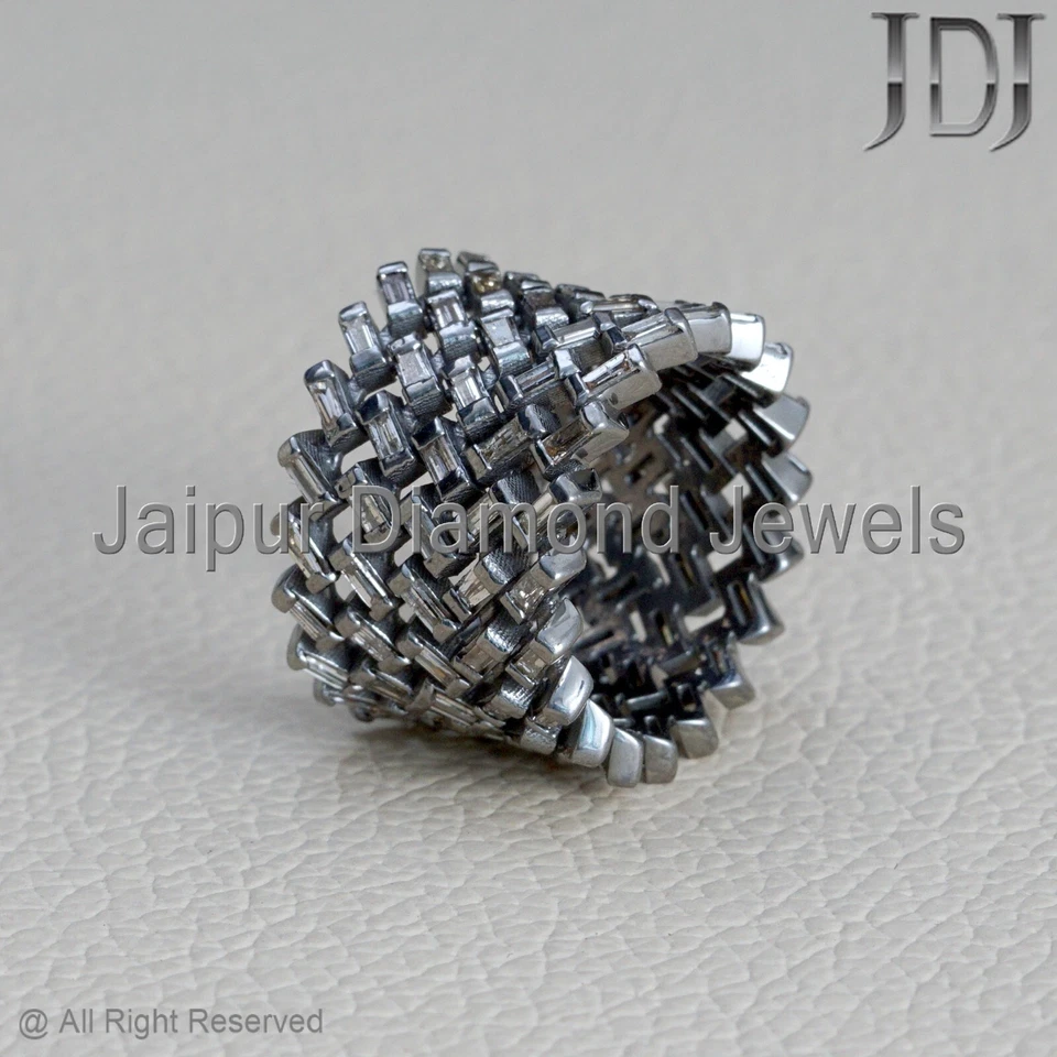 925 Silver Band Natural Baguette Diamond Ring Handmade Statement Jewelry Ring - Image 3 of 4