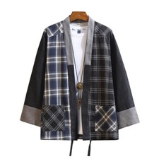 Men Check Japanese Kimono Jacket Patch Splice Loose Casual Coats Cardigan Haori