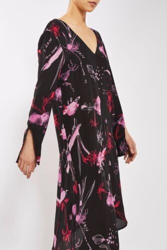 topshop silk midi dress TOPSHOP 100% Silk Midi Dress Asymmetrical Hem Floral Black Pink Sz 2 NEW