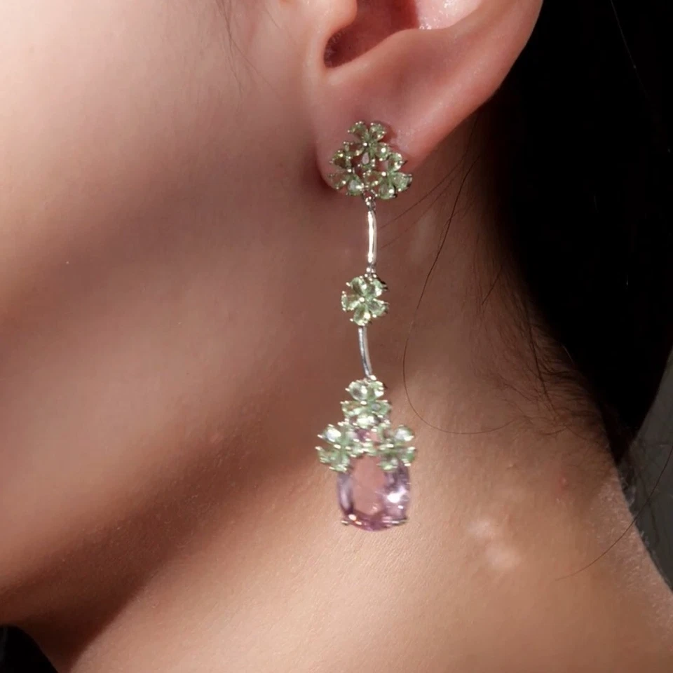 white gold s925 made with SWAROVSKI crystal drop dangle flower pink earrings Foto 3 de 4