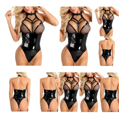 Sexy Damen Wet-Look Leder Dessous Fischnetz Body Tanga Trikot Clubwear - Bild 10 von 34