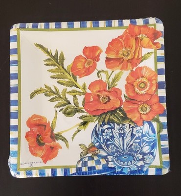 10x MacKenzie Childs Papageiteller Ming Poppies Paper Plates Royal Check