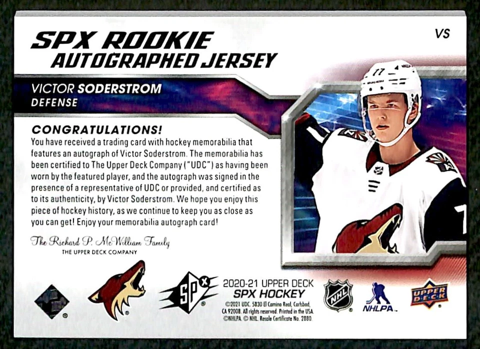 2020-21 SPx Victor Soderstrom Rookie Auto Jersey /375 #VS Arizona Coyotes - Image 2 of 2