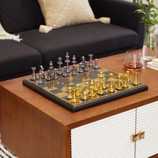 Black, Gold or Silver Aluminum Chess Game Set with Storage Gold SET 17"W, 5"H
