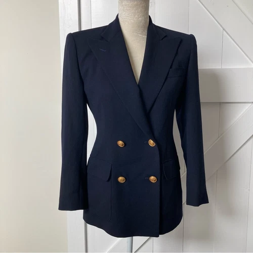 Ralph Lauren Vintage 90s navy blue blazer preppy worsted wool gold buttons 2P - Picture 1 of 12
