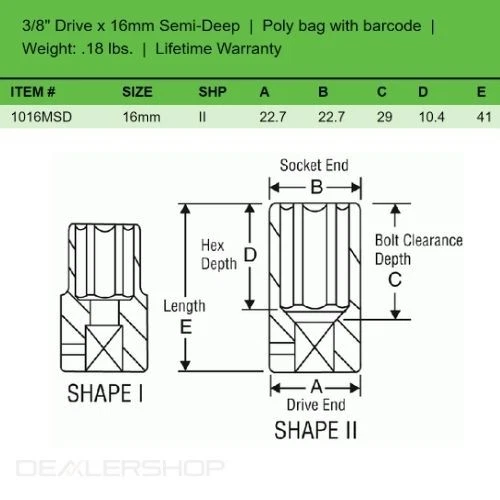 Grey Pneumatic 1016MSD Semi-Deep Impact Socket, 3/8" Drive, 16mm, 6 Point - Image 2 of 4