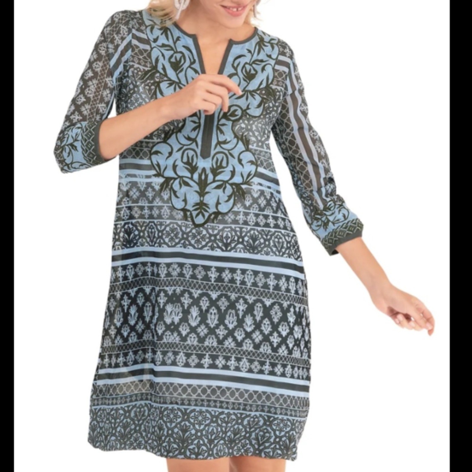 Gretchen Scott blue Embroidered Patchwork Swing D… - image 1