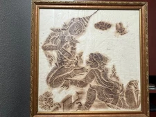 Vintage 1960s Thai Temple Art Charcoal Rubbings on Rice Paper Framed 16.5x16.25