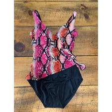 Womens Gabar Pink Orange Black Snakeskin Side Tie One Piece Swim Suit Size 10