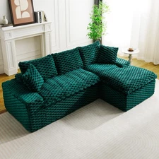 Green Velvet Convertible Sofa w/ Chaise Lounge - L-Shape Couch for Living Room