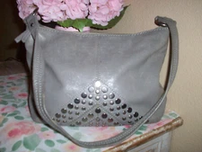 THE SAK Gray Pewter Taupe Leather Studded Satchel Crossbody Handbag