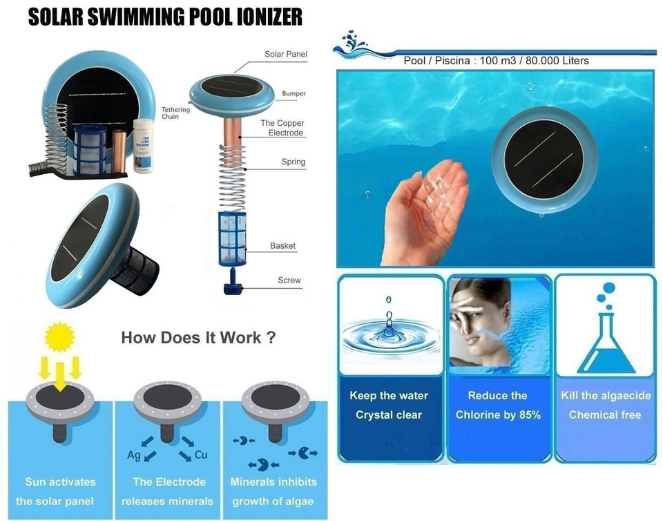 Solar powered Pool Ionizer Kills Algae Reduces Chlorine,Covers up to