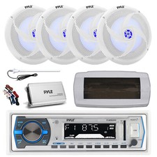 Pyle Marine Receiver, Cover, Antenna,Amp w/Kit, 4x 8'' 320W LED White Speaker