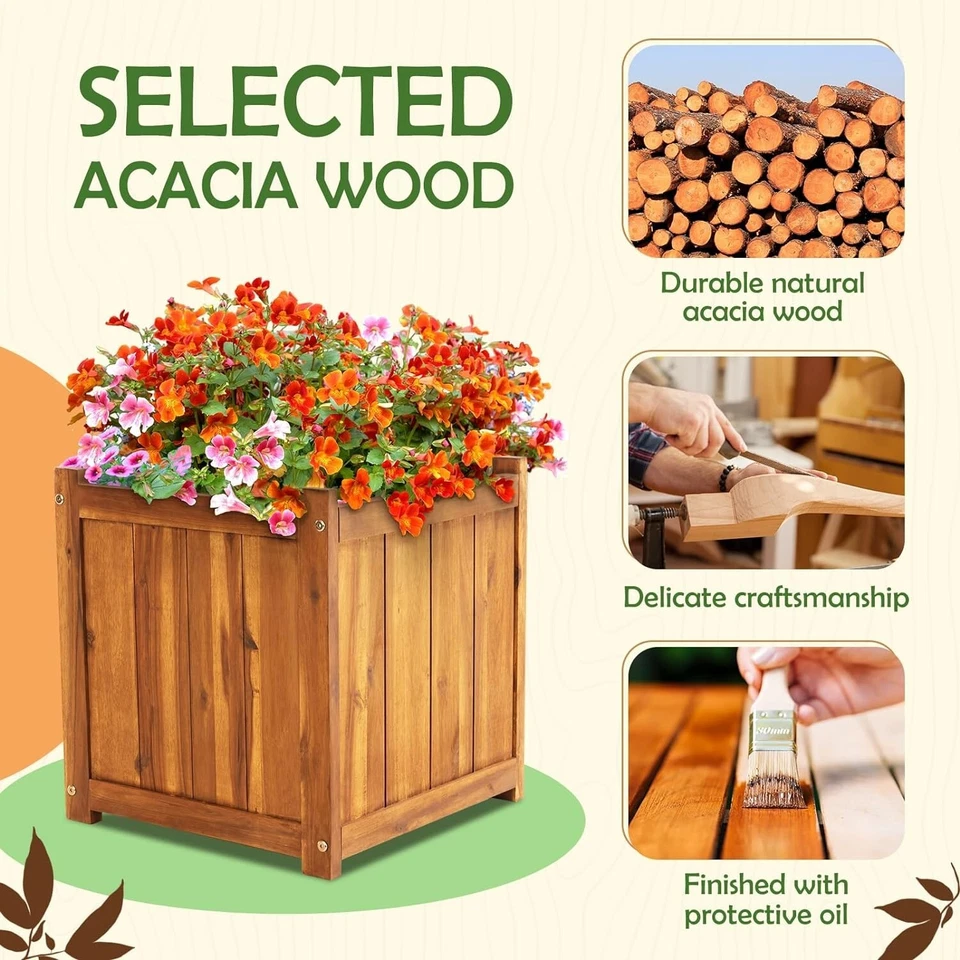 Cubo de flores para exteriores de madera dura de acacia duradera varios tamaños marrón Foto 3 de 4