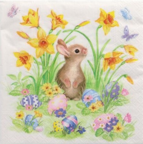 20 Servietten Cute Bunny Hase Ostereier Narzissen Blumen Garten Natur 33X33Cm-image