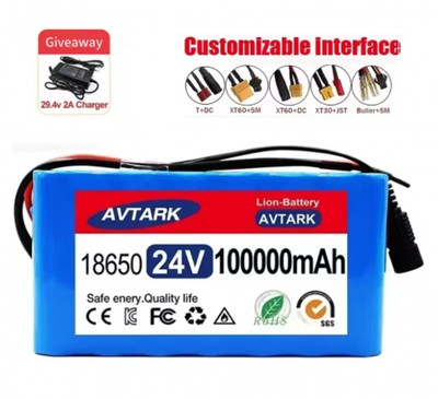 24V 7S3P Battery Pack 100Ah with 20A BMS with 29.4v 2A Charger Plug