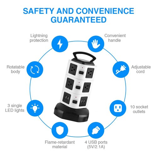 Portable 7/11/15 Outlets Power Strip Tower Surge Protector with 2 USB Ports - Picture 10 of 11