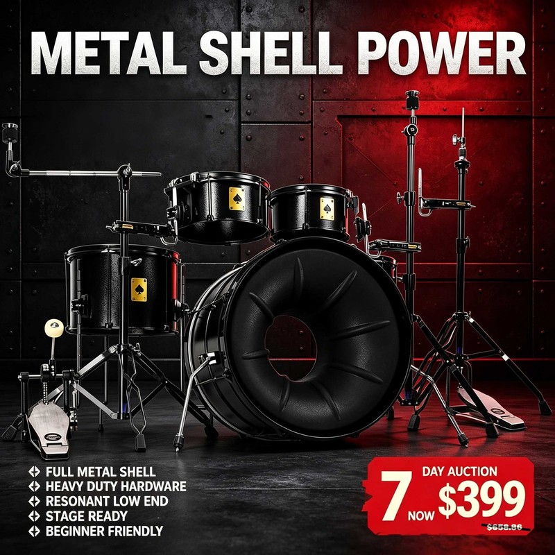 Beatello 5Pc Metal Drum Set Complete Acoustic Kit Resonant Shell Black