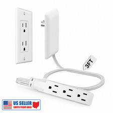 3ft Ultra Flat Plug Extension Cord 3 Outlet Power Strip Thin White