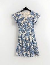 Eliza J Women's Dress Sz 0 Floral Printed Flutter-Sleeve Tiered Mini White/Blue