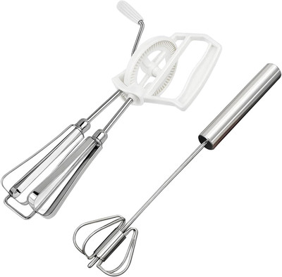 2 White Bagged Egg Beaters + 1 Large Semi-Automatic Stainless Steel Mixer, Durab