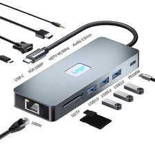 11 in 1 USB-C Hub Type C to 4K/60Hz 100W PD RJ45 3.5mm Audio USB 3.0 TF/SD Slot