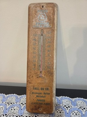 Thill Oil Co Mich. Antique Metal Thermometer Advertising Petroliana 11 1/2'' x 3''