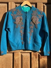 VTG Beaded Sweater 60s Blue Teal Angora Lambs Wool Silver Glass Beads